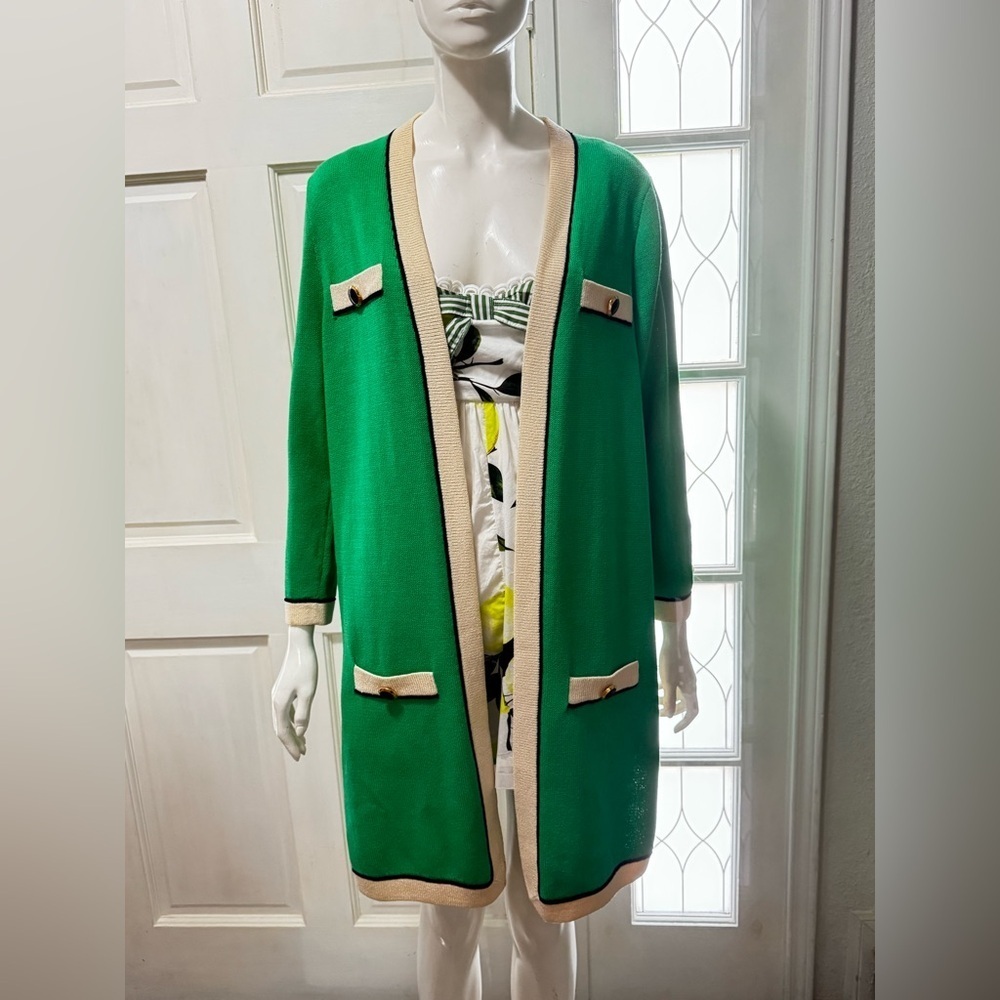 St. John Collection Long Green/Black Gold Buttons Open Front Cardigan Sz L P-38